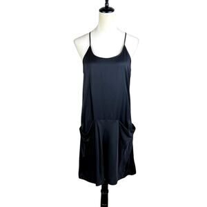 Theory Black Satin Silk Blend Draped Pockets Racerback Mini Slip Party Dress